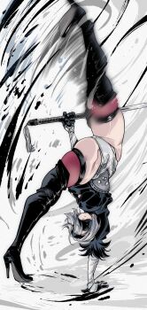 2b_(nier:automata) absurdres commentary_request handstand high_heels highres holding holding_sword holding_weapon kinakomochi_(user_vedc2333) motion_lines nier:automata nier_(series) one_arm_handstand short_hair spread_legs sword virtuous_contract weapon white_hair
