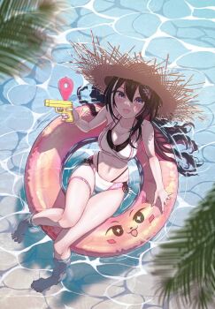 1girl azki_(hololive) bikini black_hair breasts cleavage collarbone colored_inner_hair commentary_request from_above halterneck hat highleg highleg_panties highres holding holding_water_gun hololive innertube kasoku_sato layered_bikini long_hair medium_breasts mole mole_under_eye multicolored_hair nail_polish navel on_water open_mouth palm_tree panties pink_hair pink_streaks purple_eyes side-tie_bikini_bottom solo straw_hat streaked_hair string_panties sun_hat swim_ring swimsuit thigh_strap tree underwear very_long_hair virtual_youtuber water_gun wet wet_hair white_streaks