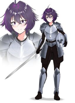 1girl ahoge anna_ayasaki armor borrowed_character choppy_bangs closed_mouth commentary english_commentary full_armor full_body hair_between_eyes helmet highres holding holding_sword holding_unworn_helmet holding_weapon looking_at_viewer original porougon purple_eyes purple_hair second-party_source short_hair smile standing sword unworn_headwear unworn_helmet warrior weapon white_background zoom_layer