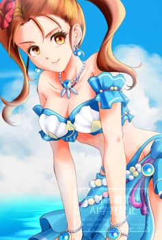 1girl bare_shoulders bead_bracelet bead_necklace beads bikini blue_bikini blue_gemstone blue_sarong blue_sky bracelet breasts cleavage cloud colored_eyelashes commentary_request cowgirl_position dragon_quest dragon_quest_rivals dragon_quest_viii earrings flower gem hair_flower hair_ornament hair_pulled_back hibiscus highres hip_bones jessica_albert jewelry large_breasts leaning_to_the_side looking_at_viewer midriff necklace ocean off-shoulder_bikini off_shoulder official_alternate_costume orange_eyes orange_hair outdoors red_flower sarong shell shell_bikini sky smile solo sphere_earrings straddling swimsuit twintails water yukey_ami
