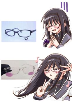 >_< 1girl 6yyxjxhn1zqi4hz akemi_homura akemi_homura_(magical_girl) black_collar black_hairband blush collar commentary_request double_v glasses grey_eyes hairband high_collar long_hair mahou_shoujo_madoka_magica multiple_views open_mouth own_hands_together photo_inset red-framed_eyewear sidelocks simple_background upper_body v white_background