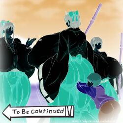 1boy 3girls animated ass black_hair blush bouncing_breasts breasts broom clothes covered_erect_nipples gigantic_breasts hataraki_ari horns huge_areolae huge_nipples japanese_clothes japanese_text kanchou kimono long_hair medium_hair miko multiple_girls original ponytail speech_bubble tagme to_be_continued video