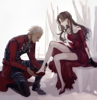 1boy 1girl alternate_costume archer_(fate) bare_legs bare_shoulders black_gloves black_pants blue_eyes bow brown_hair commentary_request couple dark-skinned_male dark_skin dress dress_bow fate/stay_night fate_(series) gloves high_heels holding long_hair long_sleeves off_shoulder pants pumps rata_to red_bow red_dress red_shoes shoes short_hair tohsaka_rin two_side_up white_hair