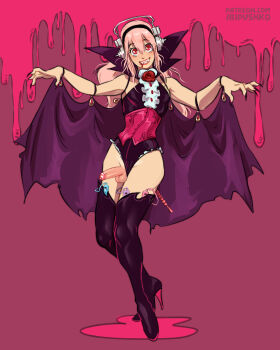 arms_up blood blood_from_mouth boots cape clothing_aside commentary corset crossdressing english_commentary flower full_body genderswap genderswap_(ftm) grin highres leotard leotard_aside long_hair nitroplus penis_out pink_hair purple_boots purple_leotard red_corset red_eyes red_flower ripushko smile solo standing super_sonico thigh_boots trap vampire