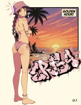 1girl ? absurdres anklet ass bandaid bandaid_on_face bandaid_on_nose barefoot beach bikini bird black_hair blush braid braided_ponytail breasts bucket_hat character_name closed_mouth commentary court_queen_erisa_(fortnite) diamond-shaped_pupils diamond_(shape) english_commentary english_text erisa_(fortnite) facial_scar fang fang_out feet fortnite graffiti halftone hand_on_own_arm hat highres jewelry long_hair looking_at_viewer medium_breasts palm_tree purple_bikini purple_hat scar scar_on_cheek scar_on_face shore side-tie_bikini_bottom solo standing sunset swimsuit symbol-shaped_pupils thick_eyelashes toes tree turning_head volticcore yellow_eyes