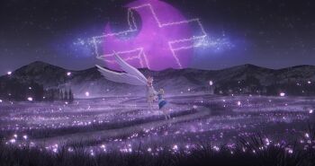 2girls apron blonde_hair blue_dress crescent_moon cross dress falling_petals feathered_wings field flower flying gengetsu_(touhou) glowing_flower highres latin_cross lotus_land_story maid_apron moon mountain mountainous_horizon mugetsu_(touhou) multiple_girls night on_grass paranoia495514 path petals purple_moon road siblings sisters sky socks star_(sky) starry_sky touhou touhou_(pc-98) tree white_dress white_socks wings