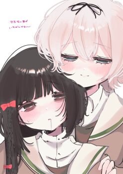 Rule 34 | 2girls, babumi roriko, bags under eyes, between breasts, blush, braid, breasts, brown hair, drooling, half-closed eyes, hanamura hinako, hashtag-only commentary, highres, kitanai kimi ga ichiban kawaii, long hair, looking at another, looking at viewer, multiple girls, red ribbon, ribbon, sezaki airi, short hair, side braid, simple background, smile, upper body, white background, white hair