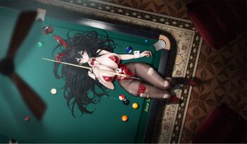 1girl 8-ball absurdres animal_ears azur_lane ball bare_shoulders between_breasts between_thighs billiard_ball billiards black_hair black_pantyhose bodystocking bottle bow bowtie breasts brown_pantyhose card carpet cleavage closed_mouth collar collarbone crossed_bangs cue_stick cup detached_collar fake_animal_ears from_above full_body hair_between_eyes hair_spread_out hairband high_heels highleg highleg_leotard highres holding huge_breasts id_card indoors leg_ribbon leotard licking_lips long_hair looking_at_viewer looking_up lying nail_polish non-web_source official_alternate_costume official_art on_back on_table pantyhose playboy_bunny pool_table rabbit_ears red_bow red_bowtie red_eyes red_hairband red_leotard red_nails red_shoes ribbon shadow shoes sitting sitting_on_table skindentation smile solo strapless strapless_leotard table taihou_(azur_lane) taihou_(fun_on_the_baize)_(azur_lane) thick_thighs thigh_gap thigh_ribbon thigh_strap thighs tongue tongue_out torn_bodystocking torn_clothes torn_pantyhose very_long_hair white_collar wrist_cuffs yunsang