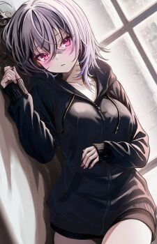 1girl alternate_costume blush derk_maxx dutch_angle grey_hair highres hololive hololive_dev_is hood hooded_jacket isaki_riona jacket long_hair looking_at_viewer lying on_side pink_eyes shorts solo virtual_youtuber