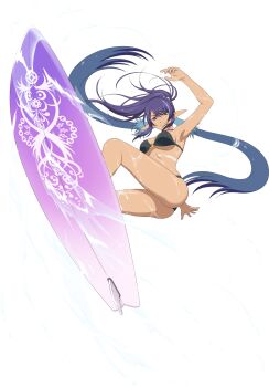 Rule 34 | 1girl, artist request, ass, bikini, black bikini, blue hair, breasts, closed mouth, full body, game cg, highres, judith (tales), large breasts, long hair, looking at viewer, multicolored hair, official alternate costume, official art, pointy ears, ponytail, purple eyes, purple hair, smile, solo, splashing, surfboard, surfing, swimsuit, tales of (series), tales of asteria, tales of vesperia, third-party source, transparent background, twintails, two-tone hair, very long hair