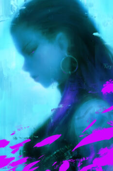 1girl alex_chow arm_tattoo black_hair blue_background blue_theme bodysuit breasts colored_tips earrings expressionless eyeshadow hair_behind_ear hair_slicked_back highres hoop_earrings jewelry long_hair looking_down makeup medium_breasts multicolored_hair purple_hair reyna_(valorant) sleeveless sleeveless_bodysuit solo tattoo valorant