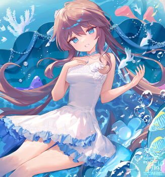 1girl ahoge ainy bare_arms blue_choker blue_eyes blue_hair blue_nails breasts brown_hair choker clam colored_inner_hair commentary_request dress fish frilled_dress frills jewelry long_hair looking_at_viewer medium_breasts multicolored_hair necklace original parted_lips smile solo strapless strapless_dress two-tone_hair underwater watermark white_dress