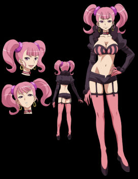 10s 1girl :&lt; back black_background blunt_bangs bra breasts butt_crack captain_earth reference_sheet choker cleavage collarbone cropped_jacket earrings multiple_expressions female_focus from_behind full_body garter_straps gloves groin hand_on_own_hip hip_focus hoop_earrings jacket jewelry kneepits legs long_image long_sleeves looking_at_viewer midriff moco_(captain_earth) multiple_views navel official_art open_clothes open_fly open_jacket open_mouth pink_eyes pink_gloves pink_hair pink_thighhighs reference_sheet shoes short_shorts short_twintails shorts simple_background smile standing striped_bra striped_clothes tall_image thighhighs turnaround twintails underwear unzipped vertical_stripes zettai_ryouiki