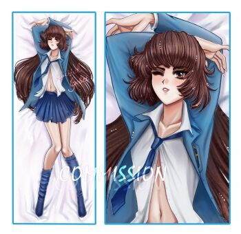 1girl absurdres akizuki_nakuru author:lucifiel_gebet blue_jacket blue_necktie blue_skirt brown_eyes brown_hair cardcaptor_sakura dakimakura_(medium) highres jacket necktie school_uniform shirt skirt socks tomoeda_high_school_uniform white_shirt
