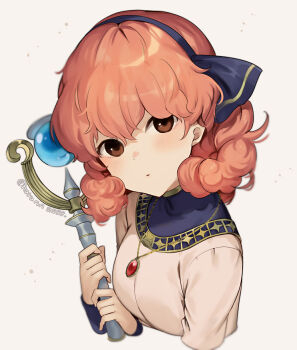 1girl blue_hairband blue_ribbon brown_eyes closed_mouth fire_emblem fire_emblem_echoes:_shadows_of_valentia gem genny_(fire_emblem) gradient_background hair_between_eyes hairband haru_(nakajou-28) holding holding_staff jewelry looking_at_viewer necklace nintendo pink_hair red_gemstone ribbon short_hair single_horizontal_stripe solo staff turtleneck twitter_username upper_body