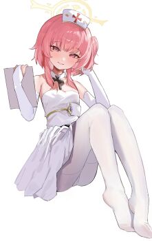 1girl bare_shoulders black_bow blue_archive blush bow bowtie breasts bridal_gauntlets cleavage detached_collar dress feet halo hat highres holding legs_together mal0 no_shoes nurse_cap one_side_up open_mouth pantyhose pink_eyes pink_hair serina_(blue_archive) short_hair sidelocks simple_background sitting smile solo strapless strapless_dress white_background white_bridal_gauntlets white_dress white_hat white_pantyhose yellow_halo