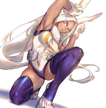 akiyama_youkou animal_ears boku_no_hero_academia clothing_cutout commentary dark-skinned_female dark_skin english_commentary highres leotard mirko muscular muscular_female official_art rabbit_ears rabbit_girl rabbit_tail tail tail_through_clothes thick_thighs thighs toned white_leotard