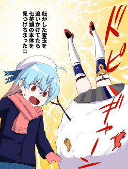 2girls blue_coat blue_hair blue_thighhighs coat commentary_request fang grey_skirt hat highres kantai_collection long_hair mogador_(kancolle) mogador_kai_(kancolle) multiple_girls nekotarou_(nktr299) pink_scarf red_eyes sado_(kancolle) sailor_hat scarf skin_fang skirt snowball thighhighs translation_request white_hat