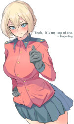 Rule 34 | 1girl, black gloves, black skirt, blonde hair, blue eyes, blush, braid, character name, closed mouth, commentary, cowboy shot, darjeeling (girls und panzer), english text, girls und panzer, gloves, hand on own hip, highres, jacket, kyougi sharyou, long sleeves, looking at viewer, military uniform, miniskirt, pleated skirt, red jacket, short hair, simple background, skirt, smile, solo, st. gloriana&#039;s military uniform, standing, twin braids, uniform, white background