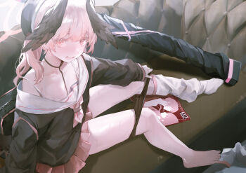 1girl beret black_hat black_panties black_shirt black_wings blue_archive blush bra bra_peek comiket_104 content_rating couch fang halo hat head_wings highres koharu_(blue_archive) long_sleeves looking_at_viewer magazine_(object) medium_hair miniskirt neckerchief on_couch open_mouth panties panty_pull pink_eyes pink_hair pink_halo pink_neckerchief pink_skirt pleated_skirt ryuuji_teitoku sailor_collar school_uniform shirt skin_fang skirt socks solo sweat thighhighs twintails underwear unworn_socks white_bra white_sailor_collar white_socks wings