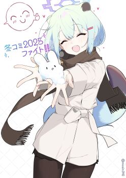 absurdres animal_ears blue_archive brown_coat brown_pants closed_eyes coat green_hair green_tail halo highres medium_hair mona_kkkk pants purple_halo shigure_(blue_archive) simple_background smile tail thumbs_up weasel_ears weasel_girl weasel_tail white_background