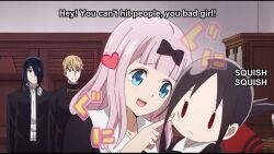 animated anime_screenshot between_breasts black_hair blonde_hair breast_slap breasts fujiwara_chika head_between_breasts ishigami_yuu kaguya-sama_wa_kokurasetai_~tensai-tachi_no_renai_zunousen~ medium_breasts multiple_boys multiple_girls pink_hair red_eyes shinomiya_kaguya shirogane_miyuki tagme video