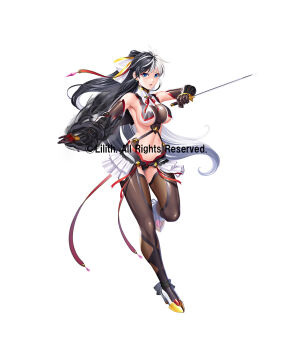 1girl black_hair blue_eyes breasts copyright_name elbow_gloves full_body gloves hair_ribbon high_heels highres holding holding_weapon jumping large_breasts lilith-soft multicolored_hair murakumo_ibuki navel ninja official_art ponytail revealing_clothes ribbon sano_toshihide simple_background solo split-color_hair sword taimanin_(series) taimanin_rpgx taimanin_suit weapon white_hair wide_hips