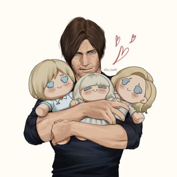 1boy aegyo_sal beard_stubble blue_eyes brown_hair character_doll character_request che_sue00 commentary doll emily_(resident_evil) english_commentary facial_hair grace_ashcroft head_tilt heart highres hug hugging_doll hugging_object leon_s._kennedy male_focus mature_male muscular muscular_male resident_evil resident_evil_requiem sherry_birkin short_hair stubble