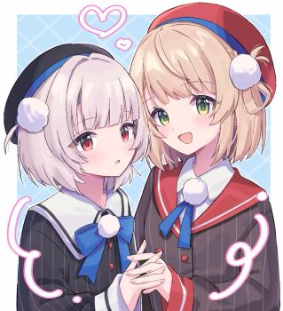 2girls :d beret black_hat black_jacket blonde_hair blue_background blue_bow blue_bowtie blue_ribbon blush bow bowtie braid collared_shirt dress_shirt embarrassed green_eyes grey_hair grey_jacket hair_ornament hair_rings hat heart height_difference holding_hands indie_virtual_youtuber interlocked_fingers jacket kuromoko long_sleeves looking_at_viewer multiple_girls neck_ribbon open_mouth pinstripe_jacket pinstripe_pattern pom_pom_(clothes) pom_pom_hair_ornament red_eyes red_hat red_sailor_collar ribbon sailor_collar school_uniform shigure_ui_(vtuber) shigure_ui_(vtuber)_(1st_costume) shirt short_hair side_braid side_part side_up_ring sleeve_cuffs smile two_side_up ui_(voisona) upper_body virtual_youtuber voisona white_shirt