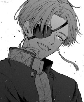 1boy commentary_request earrings eyepatch greyscale highres jewelry looking_at_viewer male_focus monochrome one_eye_covered portrait rensyuuchou short_hair solo suo_hayato tassel tassel_earrings wind_breaker_(nii_satoru)