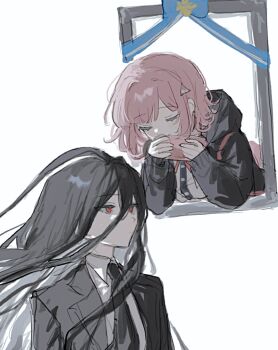 Rule 34 | 1boy, 1girl, black hair, black jacket, black necktie, brown hair, collared shirt, danganronpa (series), danganronpa 2: goodbye despair, hair ornament, handheld game console, highres, holding, holding handheld game console, hood, hood down, hooded jacket, iei, inagoinaire, jacket, kamukura izuru, long hair, long sleeves, nanami chiaki, necktie, red eyes, shirt, short hair, simple background, white background