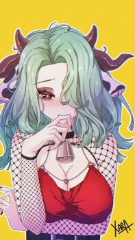 1girl absurdres animal_ears bell belt biting_own_finger blush breasts cleavage commentary cow_ears cow_girl cow_horns cowbell crelly dress english_commentary fang fishnet_top fishnets green_hair hair_over_eyes heart heart-shaped_pupils highres horns indie_virtual_youtuber long_hair red_dress red_eyes red_nails skin_fang symbol-shaped_pupils virtual_youtuber xarakura_xara yellow_background