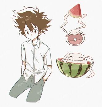 Rule 34 | 1boy, brown eyes, brown hair, cropped legs, digimon, digimon adventure, food, fruit, gdn0522, hands in pockets, koromon, male focus, medium hair, shirt, simple background, twitter username, watermelon, white background, white shirt, yagami taichi