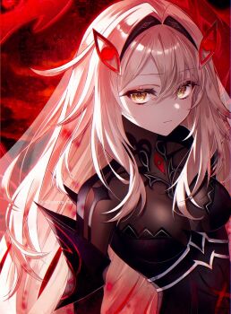 Rule 34 | 1girl, black bodystocking, black dress, bodystocking, breasts, closed mouth, dress, eye hair ornament, eye symbol, genshin impact, hair between eyes, large breasts, long hair, looking at viewer, ronova (genshin impact), solo, syarou, symbol-shaped pupils, twitter username, upper body, very long hair, yellow eyes