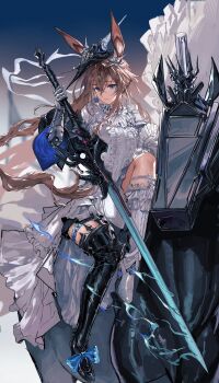 Rule 34 | 1girl, absurdres, adjusting clothes, adjusting collar, amiya (arknights), amiya (guard) (arknights), amiya (guard) (in a myriad of universes) (arknights), animal ears, arknights, armor, armored dress, asymmetrical legwear, belt, black bow, black skirt, blue bow, blue collar, blue eyes, boots, bow, bracelet, brown hair, closed mouth, collar, crescent, crescent moon, cuisses, dress, earrings, footwear bow, four-pointed star, frilled dress, frills, full body, gauntlets, glowing, glowing sword, glowing weapon, greaves, hair ribbon, helmet, highres, holding, holding sword, holding weapon, horseback riding, infection monitor (arknights), jewelry, knee boots, layered skirt, long dress, long hair, long sidelocks, looking at viewer, mechanical horse, mismatched legwear, moon, multiple moons, multiple rings, necklace, night, non-humanoid robot, official alternate costume, okasaki ushio (03103335), outdoors, overskirt, pauldrons, pillar, pleated skirt, rabbit ears, rabbit girl, ribbon, riding, ring, robot, robot animal, rubble, sabaton, shoulder armor, sidelocks, silver belt, silver bracelet, silver necklace, single armored boot, single couter, single earring, single gauntlet, single greave, single pauldron, single vambrace, skirt, sky, solo, star (symbol), star earrings, sword, thigh strap, third-party source, tilted headwear, transparent background, vambraces, weapon, white boots, white bow, white dress, white ribbon, white skirt