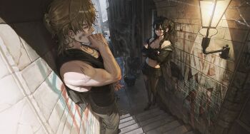 1boy 1girl armpit_crease bandaid bandaid_on_face biting biting_finger biting_own_finger black_camisole black_cat black_eyes black_jacket black_pantyhose black_shoes black_skirt black_tank_top blonde_hair breasts brown_hair bruise bruise_on_chest bruise_on_face bruise_on_neck bruise_on_shoulder camisole cat chain chain_necklace cigarette cigarette_butt cleavage commentary_request copyright_request crop_top cropped_jacket crossed_arms cuts ear_chain earclip earrings foreshortening hair_intakes highres holding holding_cigarette huh_1222 injury jacket jewelry korean_commentary linked_piercing looking_at_another microskirt midriff multiple_rings muscular muscular_male navel necklace open_clothes open_jacket outdoors pantyhose piercing ring scrape shoes skirt smoke stairs standing tank_top torn_clothes torn_pantyhose veins veiny_arms wall_lamp