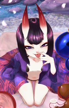 1girl absurdres bob_cut breasts eranahh eyeliner fangs fate/grand_order fate_(series) highres horns japanese_clothes kimono kneeling looking_at_viewer makeup navel oni open_mouth purple_eyes purple_hair revealing_clothes short_hair shuten_douji_(fate) skin-covered_horns small_breasts smile solo tongue tongue_out