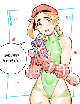 1girl artist_name beret blonde_hair blue_border blue_eyes blush bodypaint border braid breasts cameltoe cammy_white cellphone collarbone commentary cowboy_shot effy_neprin english_commentary english_text fingerless_gloves gloves green_leotard groin halter_leotard halterneck hand_on_own_face hat heart highleg highleg_leotard holding holding_phone leotard long_hair looking_at_object looking_at_phone looking_down milestone_celebration nervous_sweating open_mouth outside_border phone raised_eyebrows red_gloves red_hat round_teeth shiny_clothes sidelocks simple_background sleeveless_turtleneck_leotard small_breasts smartphone solo speech_bubble split_bangs standing street_fighter sweat teeth thick_eyebrows toned toned_female twitter_username union_jack upper_teeth_only white_background