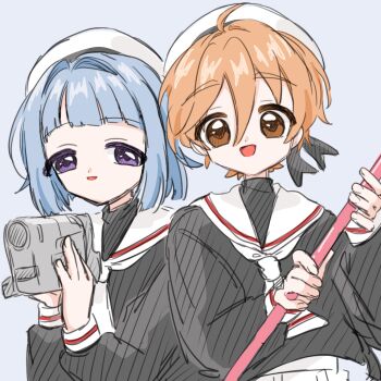 Rule 34 | 2boys, :d, ahoge, black ribbon, black shirt, blue background, blue hair, blunt bangs, bob cut, brown eyes, brown hair, camera, cardcaptor sakura, commentary request, cosplay, crossdressing, crossdressing (mtf), daidouji tomoyo, daidouji tomoyo (cosplay), ensemble stars!, hair between eyes, hair intakes, half-closed eyes, hat, hat ribbon, highres, holding, holding camera, holding staff, kinomoto sakura, kinomoto sakura (cosplay), long sleeves, looking at viewer, male focus, mashiro tomoya, midriff peek, multiple boys, nene rabits, open mouth, purple eyes, ribbon, sailor collar, school uniform, shino hajime, shirt, short hair, smile, staff, thick eyebrows, tomoeda elementary school uniform, trap, turtleneck, turtleneck shirt, upper body, video camera, white hat, white sailor collar, wide-eyed