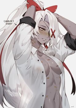 1girl absurdres arms_up bite_mark bite_mark_on_arm blush borrowed_clothes bow breasts breath colored_sclera colored_skin commentary covered_erect_nipples eyepatch gradient_hair grey_hair grey_skin hair_bow hazbin_hotel hellaverse hickey highres implied_after_sex kazuya_(kozun) multicolored_hair navel no_bra open_clothes open_shirt pink_sclera ponytail red_bow see-through_clothes see-through_silhouette sleeves_rolled_up solo stomach sweat sweaty_clothes symbol-only_commentary toned toned_female upper_body vaggie white_hair yellow_eyes