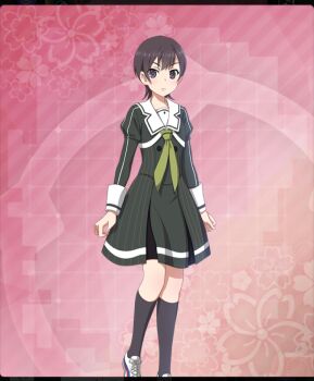 1girl black_socks brown_hair buttons closed_mouth dot_nose double-breasted double-parted_bangs dress floral_background foot_out_of_frame game_cg green_neckerchief heijou_institute_school_uniform long_sleeves looking_at_viewer neckerchief niwa_tsutomu official_art pink_background pinstripe_dress pinstripe_pattern purple_eyes sailor_collar school_uniform shoes short_hair socks solo striped_clothes striped_dress third-party_source toji_no_miko toji_no_miko:_kizamishi_issen_no_tomoshibi vertical-striped_clothes vertical-striped_dress white_sailor_collar white_shoes