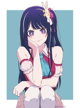 >:) 1girl absurdres arm_under_breasts ascot bare_shoulders black_hair blue_ascot blue_background border closed_mouth collared_shirt commentary_request cowboy_shot detached_sleeves eyelashes ezukiyamai frilled_sleeves frills hair_ornament hair_ribbon hand_on_own_cheek hand_on_own_face hand_up highres hoshino_ai idol idol_clothes long_hair looking_at_viewer official_style one_side_up oshi_no_ko outside_border pink_ribbon pink_shirt puffy_short_sleeves puffy_sleeves purple_eyes rabbit_hair_ornament ribbon shirt short_sleeves simple_background sitting sleeveless sleeveless_shirt smile solo split_mouth star-shaped_pupils star_(symbol) star_hair_ornament straight_hair symbol-shaped_pupils tareme thighhighs twitter_username v-shaped_eyebrows very_long_hair white_border white_thighhighs