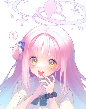 1girl blue_archive blue_bow blush bow capelet dress flower gold_trim hair_bun hair_flower hair_ornament halo highres long_hair looking_at_viewer marutsubo mika_(blue_archive) open_mouth pink_hair pink_halo purple_flower scrunchie simple_background single_hair_bun single_side_bun smile solo very_long_hair white_background white_capelet white_dress wrist_scrunchie yellow_eyes