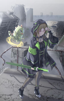 1girl absurdres black_pantyhose black_raincoat black_shirt black_skirt blunt_bangs brown_hair citrusmikan closed_mouth coat collared_shirt fishnet_top fishnets glasses gonzales_(love_live!) high-waist_skirt highres holding holding_sword holding_weapon hood hood_up hooded_coat i_my_mayday kachimachi_kosuzu link!_like!_love_live! looking_at_viewer love_live! low_twintails magic_circle medium_hair miniskirt non-humanoid_robot official_alternate_costume open_clothes open_coat outdoors pantyhose pink_eyes post-apocalypse robot robot_animal round_eyewear shirt short_twintails sidelocks skirt solo standing sword twintails virtual_youtuber weapon