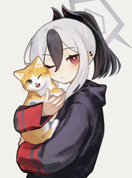 1girl absurdres animal black_hair black_horns blue_archive bright_pupils cat commentary_request demon_girl demon_horns earclip from_side grey_halo hair_between_eyes halo highres holding holding_animal holding_cat horns kayoko_(blue_archive) looking_at_viewer multicolored_hair ponytail red_eyes simple_background solo two-tone_hair upper_body white_background white_hair white_pupils yoon_cook
