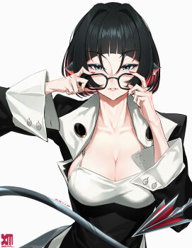 1girl absurdres adjusting_eyewear alternate_costume animal_ears artist_name black_dress black_hair blue_eyes bra breasts collarbone colored_inner_hair commentary_request dated dress earrings glasses grey_tail hair_intakes half-closed_eyes highres jane_doe_(zenless_zone_zero) jewelry large_breasts long_tail looking_at_viewer mouse_ears mouse_girl mouse_tail multicolored_hair parted_lips red_nails sharp_tail simple_background solo tail unbuttoned_sleeves underwear upper_body white_background white_bra xm_(rvgj8487) zenless_zone_zero