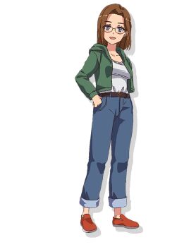 Rule 34 | 1girl, belt, blue eyes, brown hair, denim, forehead, full body, glasses, green jacket, highres, hood, jacket, jeans, jewelry, kudou hana, long hair, looking at viewer, official art, open mouth, pants, shirt, shoes, smile, solo, standing, transparent background, world dai star