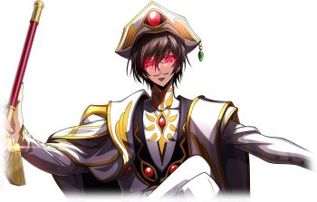 1boy black_hair coat code_geass code_geass:_lost_stories f4samurai geass gem green_gemstone hat highres lelouch_vi_britannia long_sleeves looking_at_viewer male_focus official_art pants purple_eyes red_eyes red_gemstone short_hair simple_background smile solo stole transparent_background white_background white_coat white_hat white_pants