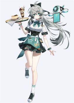 1girl ahoge apron black_shoes black_skirt black_survival bow bracelet cake cake_slice collared_shirt drone empty_eyes eternal_return:_black_survival expressionless food full_body green_apron green_eyes grey_hair hair_bow hair_intakes highres holding holding_tray id_card jewelry katja_(black_survival) long_hair looking_at_viewer menu_board name_tag official_alternate_costume official_alternate_hairstyle official_art parfait pleated_skirt ponytail shirt shoelaces shoes skirt socks solo thigh_strap transparent_background tray white_shirt white_socks