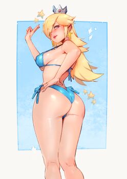 1girl absurdres ass bikini blonde_hair blue_bikini breasts butt_crack crown earrings feet_out_of_frame from_behind hair_over_one_eye hand_on_own_hip highres jewelry large_breasts long_hair looking_at_viewer mario_(series) nintendo parted_lips rosalina smile solo standing star_(symbol) swimsuit topsu v